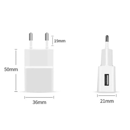 Dimensions de l'adaptateur USB 5V 2A universel blanc avec prise européenne – 50mm de hauteur, 36mm de largeur, 21mm de profondeur