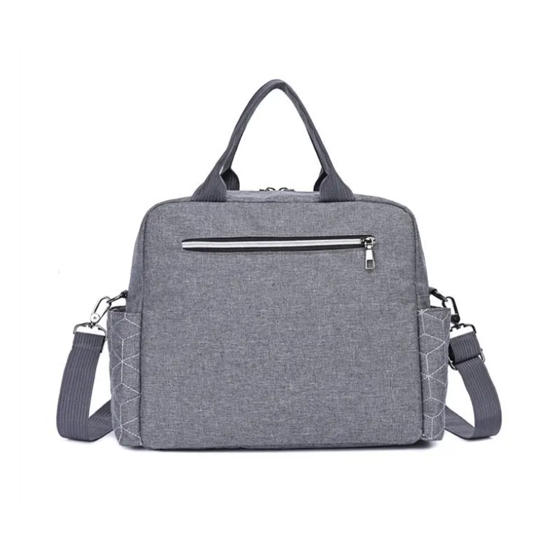 Vue arrière du sac à langer gris avec poche discrète et fermeture éclair