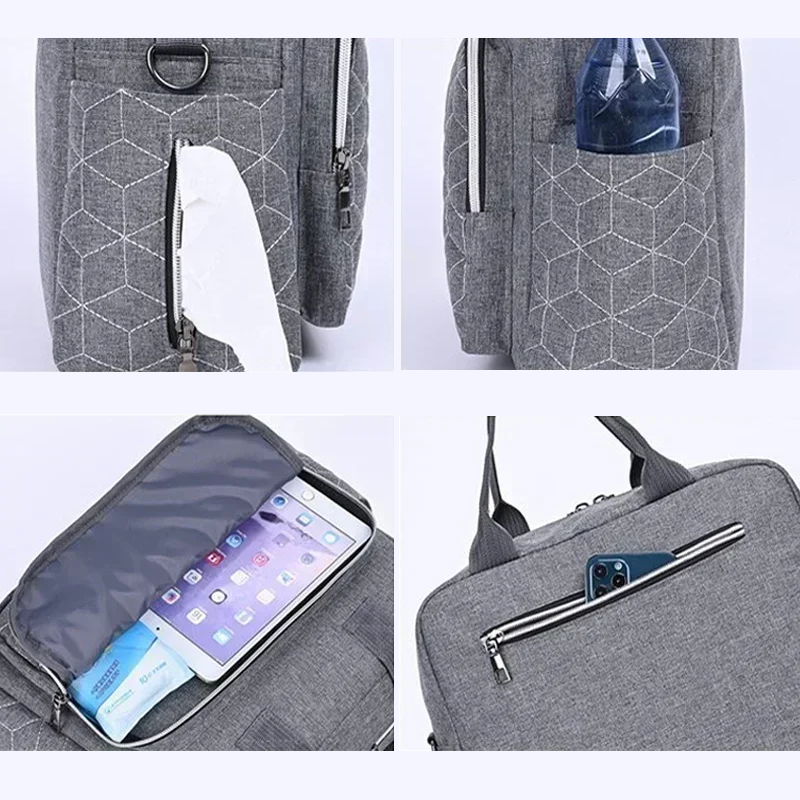 Poches latérales, frontale et arrière du sac à langer avec emplacement pour téléphone et accessoires