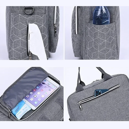 Poches latérales, frontale et arrière du sac à langer avec emplacement pour téléphone et accessoires