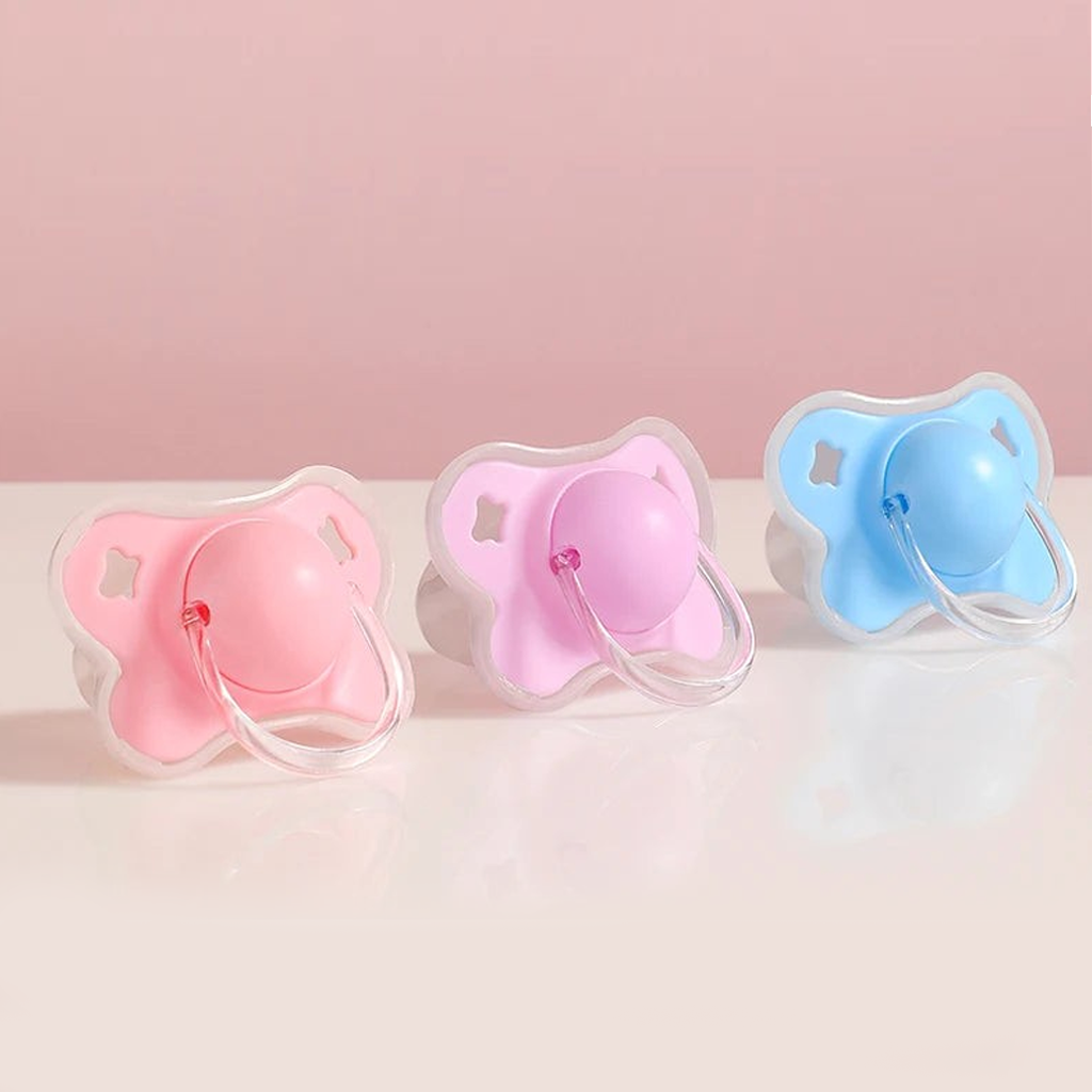 3 sucettes en silicone rose, violette et bleue pour bébé